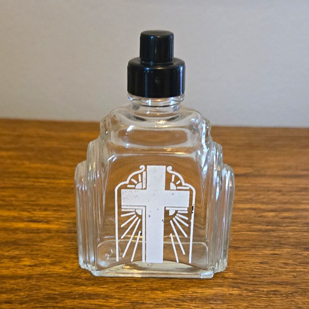 Vintage Art Deco Glass Holy Water Bottle White Cross Bakelite Cap Oil City PA 3